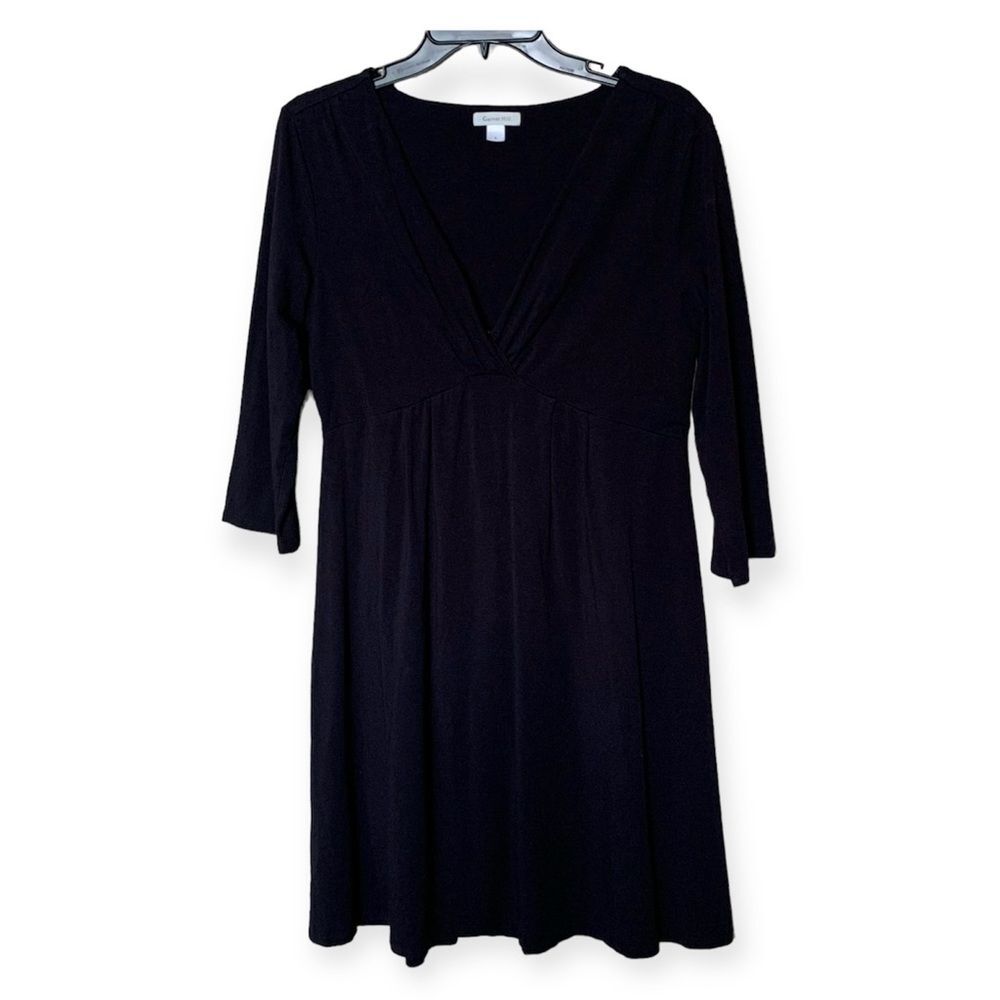 Garnet Hill Black Stretchy Long Sleeve Ruched Fit Flare Midi Dress Size Medium